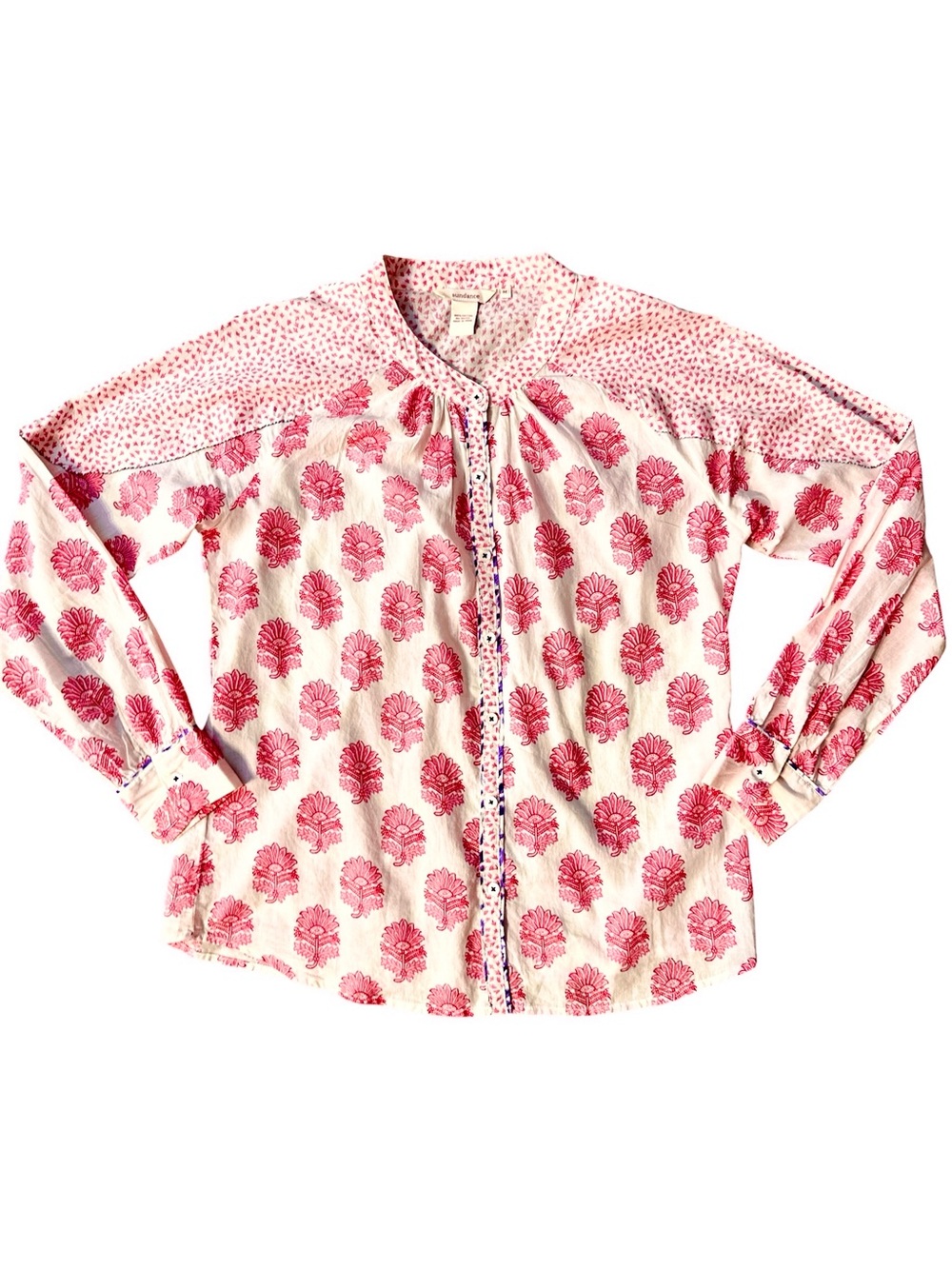 Sundance White Cotton Button Up Blouse with Red Floral Design. Medium. 42” Bust